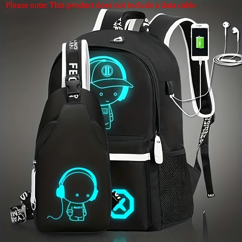 2pcs New Printed Luminous Student Backpack Set For Boys, Casual Shoulder Bag Chest Bag, Lightweight And Large Capacity School Bag