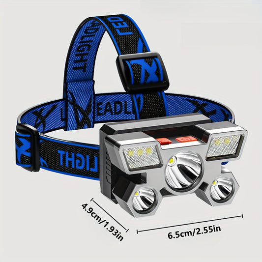 Lanterna de Cabeça Led Forte com Cinco Cabeças, Luz de Avião, Recarregável por USB, Lanterna Montada na Cabeça Pequena para Mineração ao Ar Livre