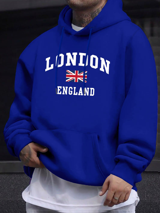 MOLETOM COM CAPUZ VERSÁTIL E CONFORTÁVEL PARA HOMEM ESTAMPADO COM A BANDEIRA DO PAÍS LONDRES INGLATERRA, COM MANGAS LONGAS E BOLSO CANGURU, ROUPA MODERNA DE FIT REGULAR PARA HOMENS, IDEAL PARA O OUTONO E INVERNO AO AR LIVRE