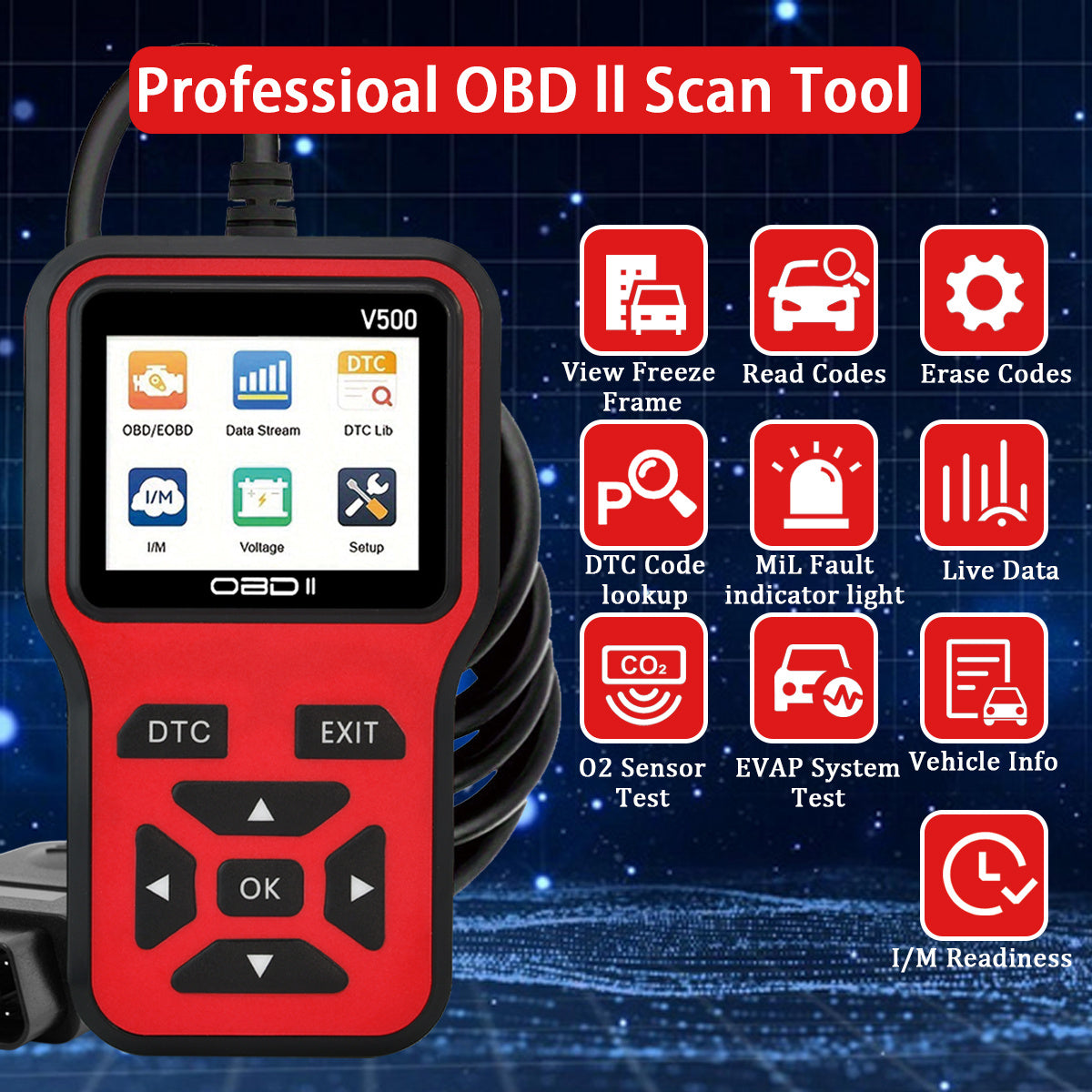 Ferramenta de Diagnóstico de Carro Vermelho OBDII-V500 - Leitor de Códigos de Falha do Motor & Tester de Voltagem, Sem Bateria Necessária