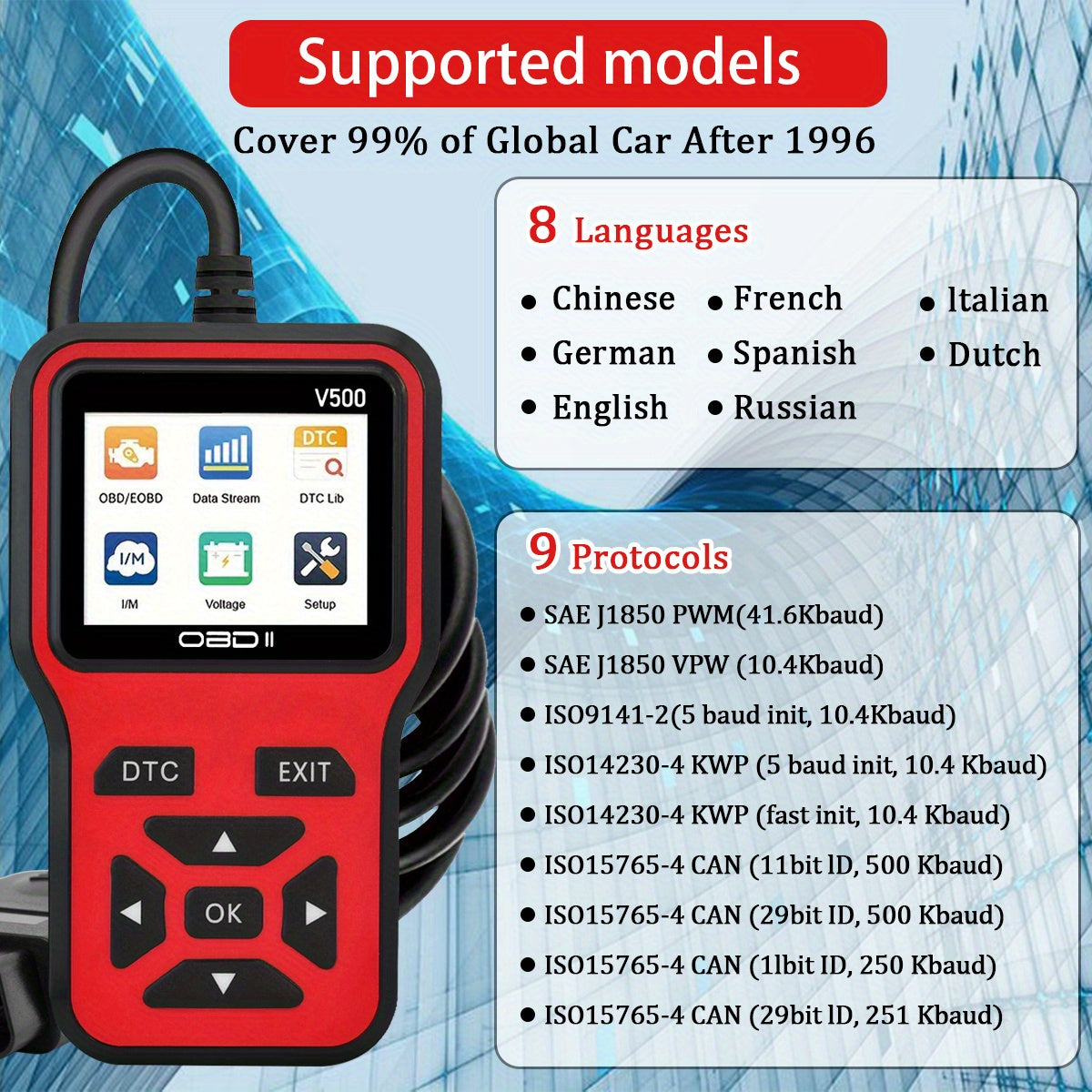 Ferramenta de Diagnóstico de Carro Vermelho OBDII-V500 - Leitor de Códigos de Falha do Motor & Tester de Voltagem, Sem Bateria Necessária