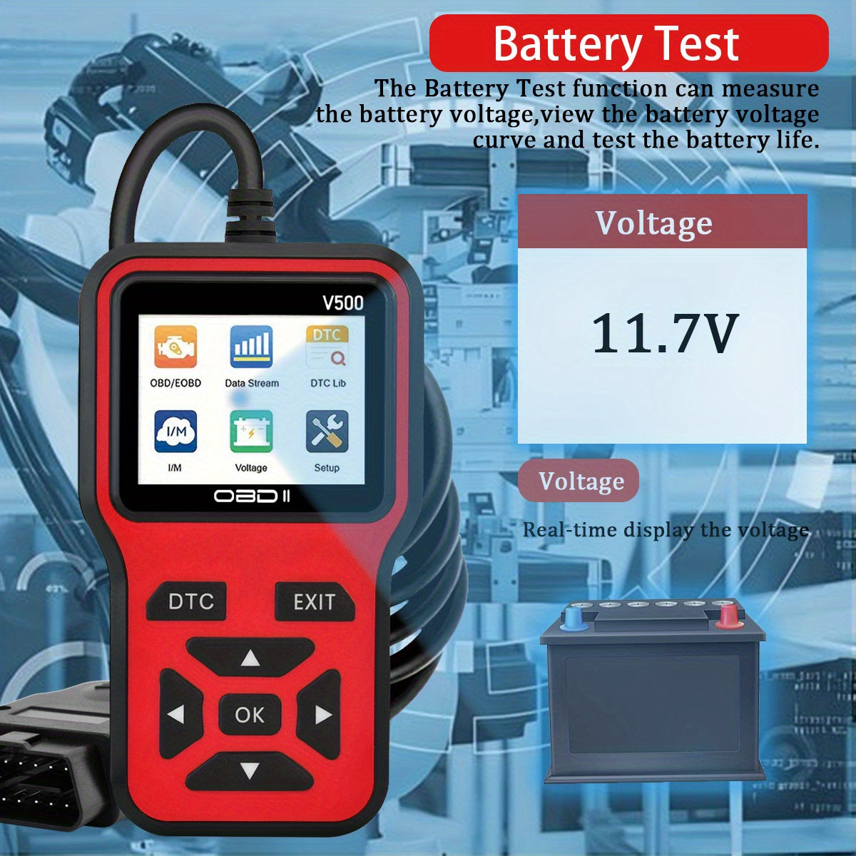 Ferramenta de Diagnóstico de Carro Vermelho OBDII-V500 - Leitor de Códigos de Falha do Motor & Tester de Voltagem, Sem Bateria Necessária