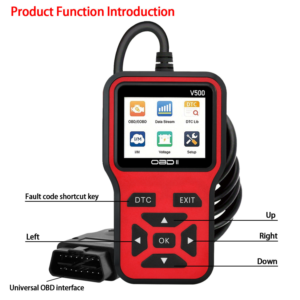 Ferramenta de Diagnóstico de Carro Vermelho OBDII-V500 - Leitor de Códigos de Falha do Motor & Tester de Voltagem, Sem Bateria Necessária