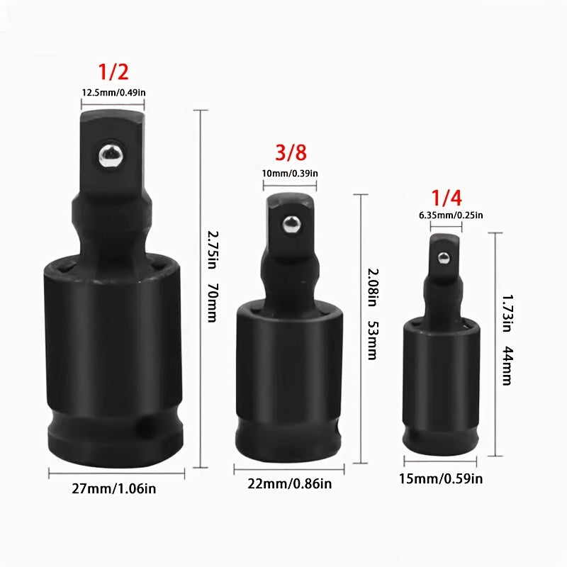 Conjunto de Adaptadores de Soquete Giratório de Impacto de 3 Peças - Soquetes U-Joint Rotativos 360° para Indústria, Automotivo  Aço Cr-Mo, Compatível com Drives de 1/2", 3/8", 1/4" - Operação Mecânica, Sem Necessidade de Eletricidade