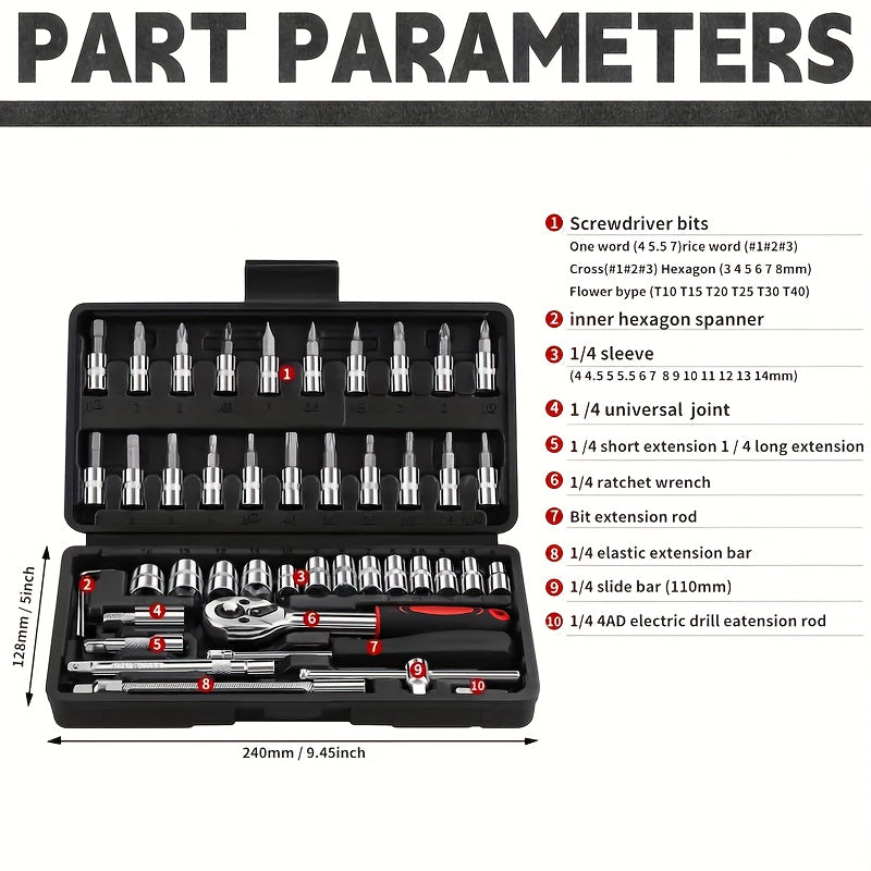 Conjunto de 46 peças de Chave de Catraca, Barra de Extensão em Aço Cromo-Vanádio, Furadeira Telescópica Durável, Kit de Ferramentas de Reparo Automotivo e Doméstico com Caixa de Armazenamento Premium, Ferramentas Manuais Industriais