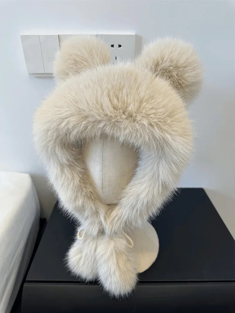 Chapéu de inverno feminino fofinho com orelhas de urso Kawaii, gorro de pele de raposa imitação de vison, pelúcia grossa, chapéu estilo japonês com proteção para as orelhas, boné para cosplay.