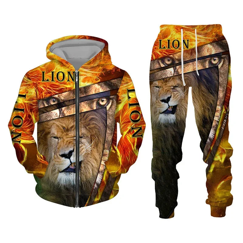 Conjunto de Moletom com Capuz com Zíper para Homens, Roupas de Outono Inverno, Conjunto de Treino, Impressão 3D de Animal Leão, Moletons e Calças, Roupas Casuais Oversize, Alta Qualidade.