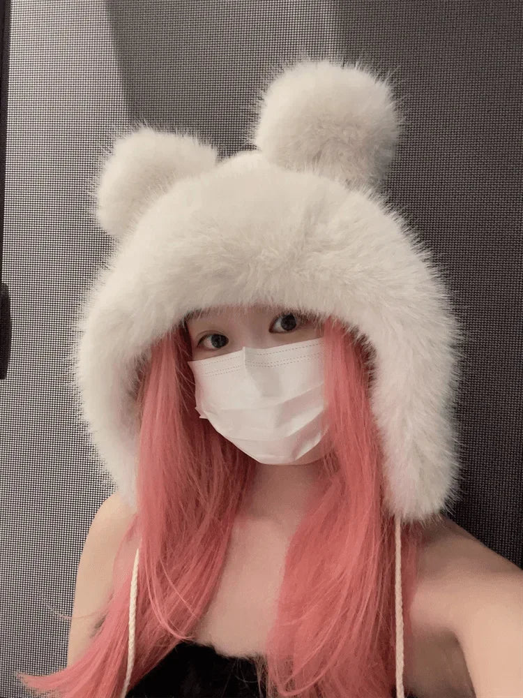 Chapéu de inverno feminino fofinho com orelhas de urso Kawaii, gorro de pele de raposa imitação de vison, pelúcia grossa, chapéu estilo japonês com proteção para as orelhas, boné para cosplay.