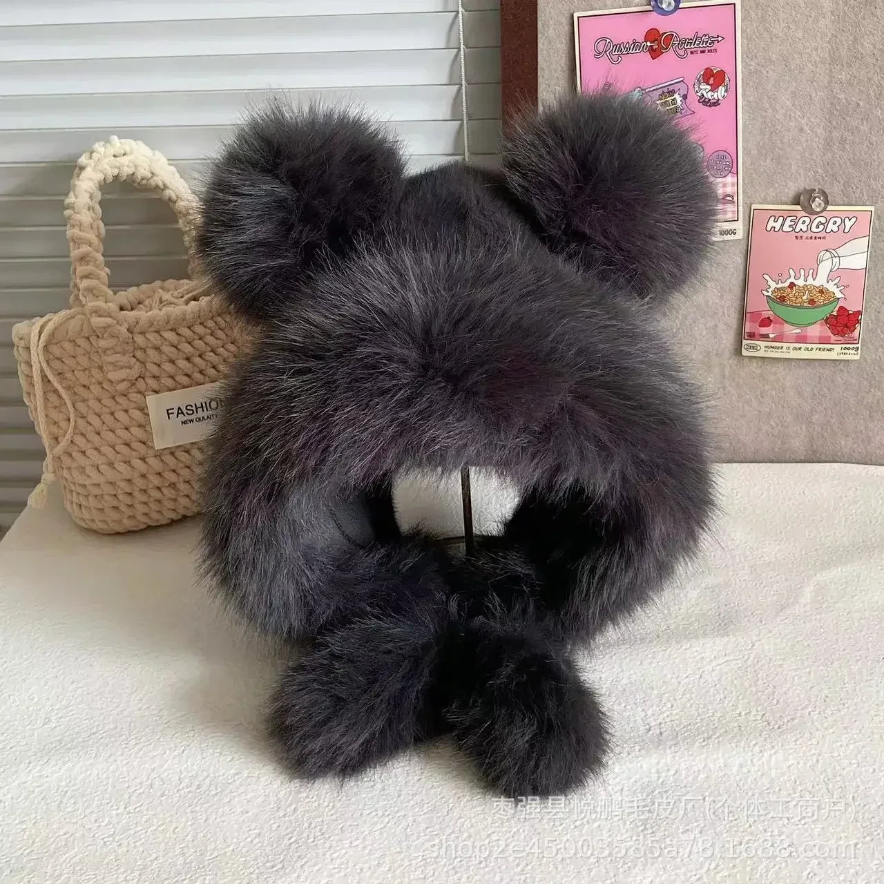 Chapéu de inverno feminino fofinho com orelhas de urso Kawaii, gorro de pele de raposa imitação de vison, pelúcia grossa, chapéu estilo japonês com proteção para as orelhas, boné para cosplay.