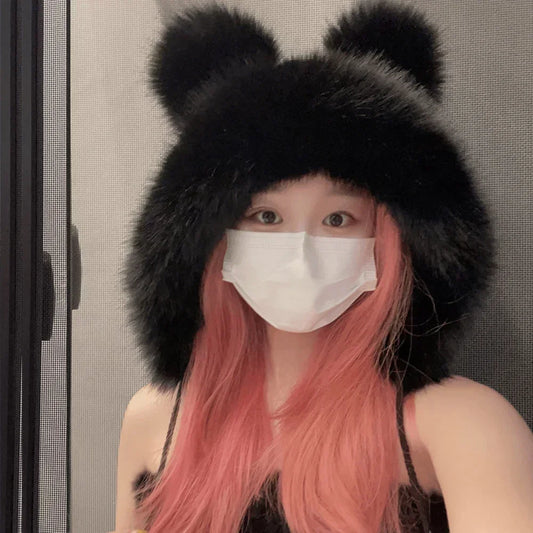 Chapéu de Inverno Quente com Orelhas de Urso Fofas para Mulheres, Chapéu de Pelúcia de Raposa, Imitação de Visão, Chapéu Estilo Bomber Japonês, Proteção para as Orelhas, Cap de Cosplay.