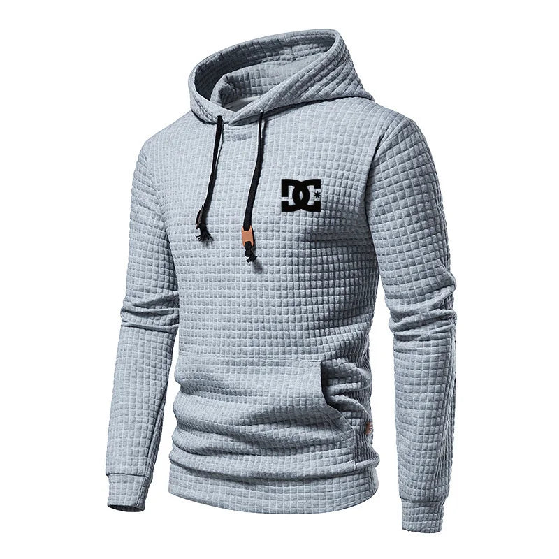 New Autumn And Winter European Men's DC Letter Printed Casual Large Pocket Hoodie Pullover Small Grid Jacquard Plus Size