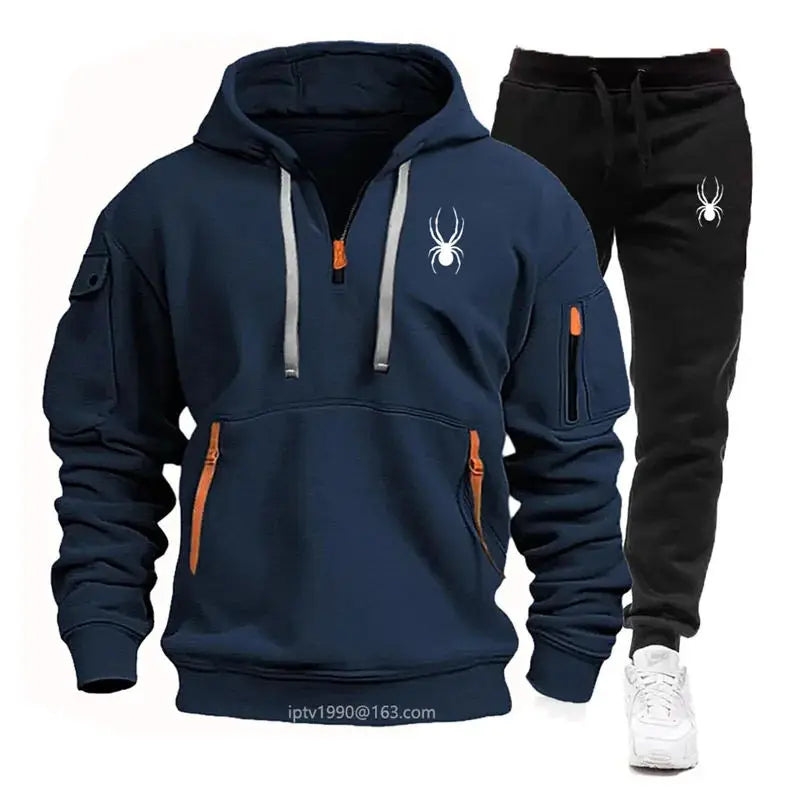 2025 new Spring and Autumn men's multi-pocket zipper hoodie + sweatpants two-piece jogging leisure fitness sports clothing set