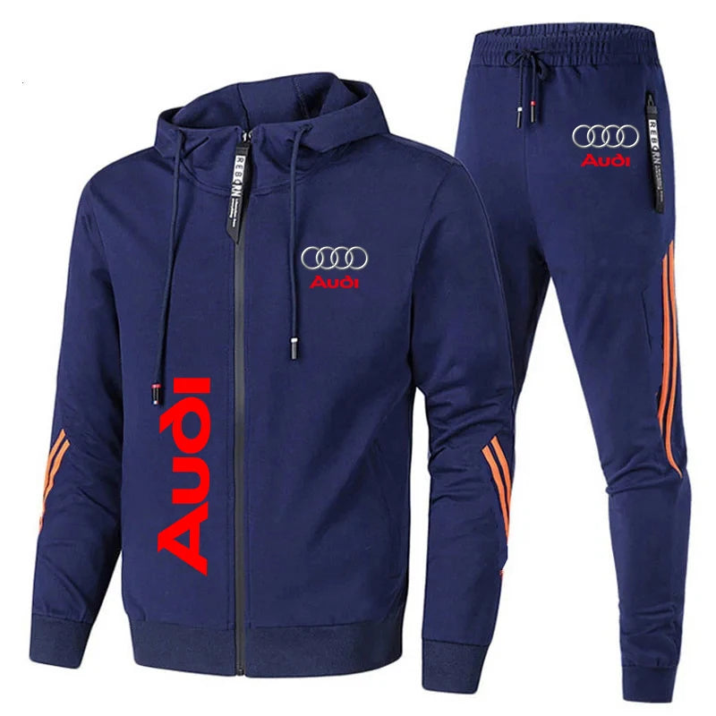 Conjunto de Moletom Masculino com Logo Audi Impresso Roupas Esportivas Casaco com Capuz Zíper + Calças 2 Peças Conjunto Casual de Fitness para Corrida Roupas Masculinas