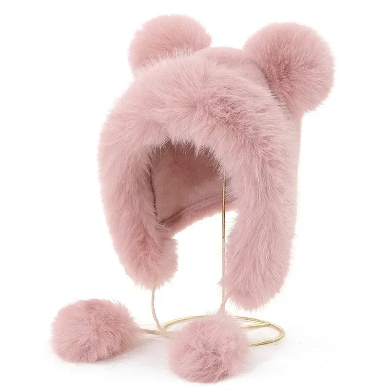 Chapéu de Inverno Quente com Orelhas de Urso Fofas para Mulheres, Chapéu de Pelúcia de Raposa, Imitação de Visão, Chapéu Estilo Bomber Japonês, Proteção para as Orelhas, Cap de Cosplay.