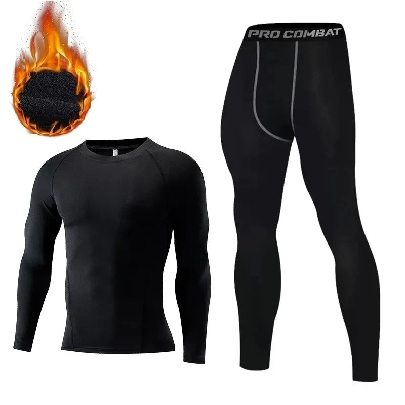 New 2-pieces Winter Warm Men Underwear Set Fleece Thermal Undershirts Long Johns Compression Tights Fitness Sports Tracksuit Set