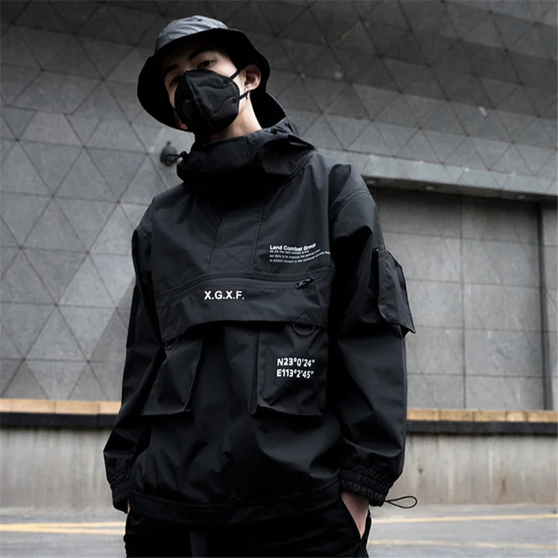 Jaqueta Masculina Techwear High Street Streetwear Hoodie Preto Com Bolso Moda Casal Homem Mulheres Primavera Outono Nova Impermeável Top Masculino