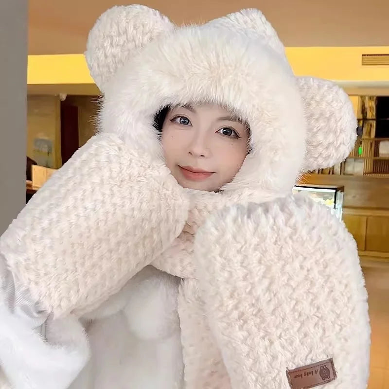 New Style Cartoon Cute Winter warm bear three-piece hat scarf gloves cute thick velvet hat Outdoor Cycling Warmth Artifact Plush