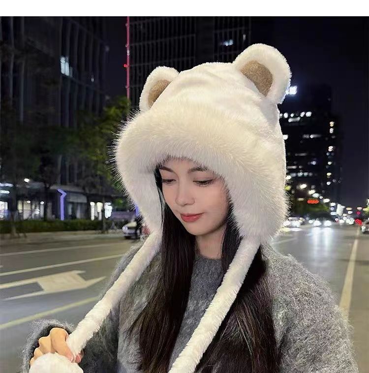 Chapéu de pelúcia Bear de Inverno para Ciclismo ao Ar Livre, Chapéu de Proteção para Ouvidos, Chapéu Espesso e Quente, Chapéu Casual de Fleece para Meninas, Essenciais de Aquecimento para Mulheres