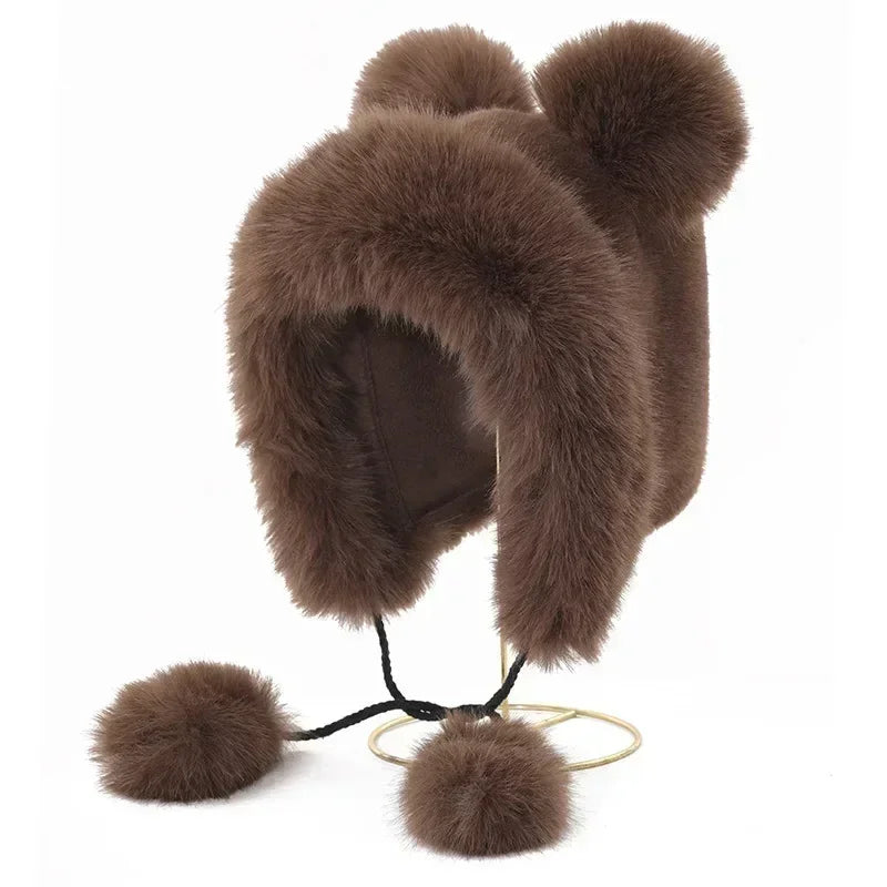 Chapéu de inverno feminino fofinho com orelhas de urso Kawaii, gorro de pele de raposa imitação de vison, pelúcia grossa, chapéu estilo japonês com proteção para as orelhas, boné para cosplay.