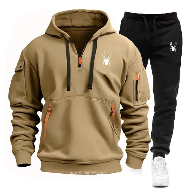 2025 new Spring and Autumn men's multi-pocket zipper hoodie + sweatpants two-piece jogging leisure fitness sports clothing set