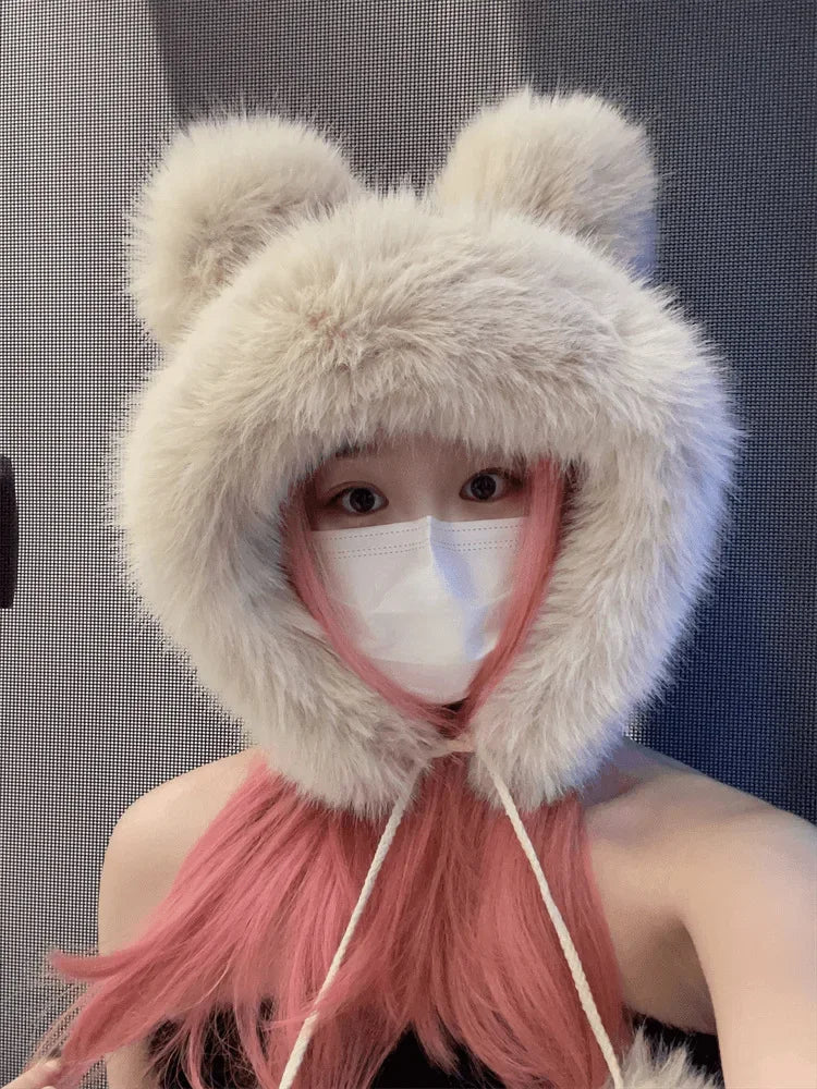 Chapéu de inverno feminino fofinho com orelhas de urso Kawaii, gorro de pele de raposa imitação de vison, pelúcia grossa, chapéu estilo japonês com proteção para as orelhas, boné para cosplay.