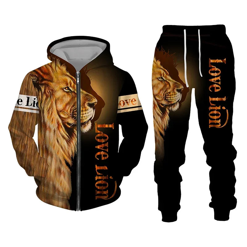 Conjunto de Moletom com Capuz com Zíper para Homens, Roupas de Outono Inverno, Conjunto de Treino, Impressão 3D de Animal Leão, Moletons e Calças, Roupas Casuais Oversize, Alta Qualidade.