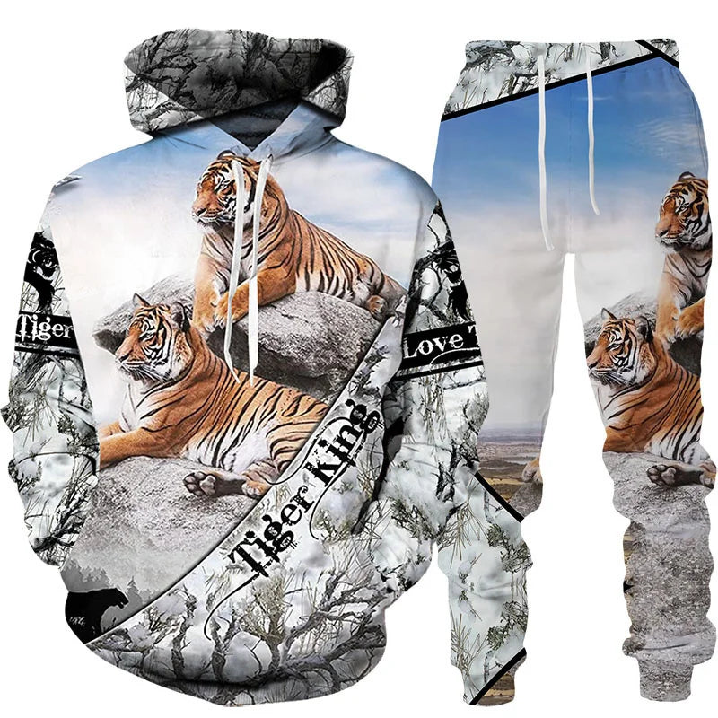 Novo Hooded Moletom e Calça 3D de Tigre Impresso Legal para Homens/Mulheres 2 Peças Conjunto de Roupas Esportivas Conjunto de Agasalho Outono e Inverno Roupas Masculinas