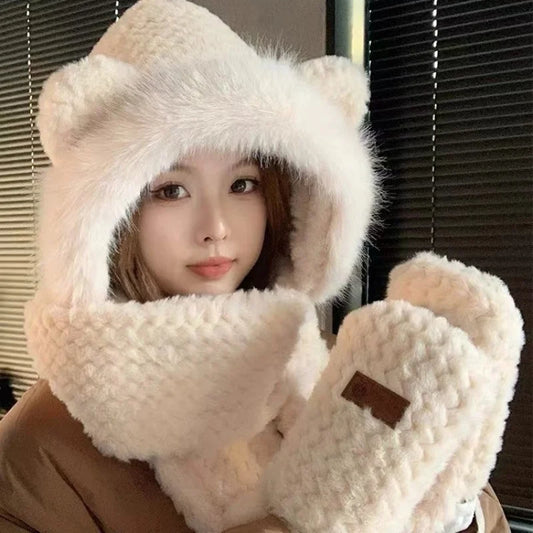 New Style Cartoon Cute Winter warm bear three-piece hat scarf gloves cute thick velvet hat Outdoor Cycling Warmth Artifact Plush