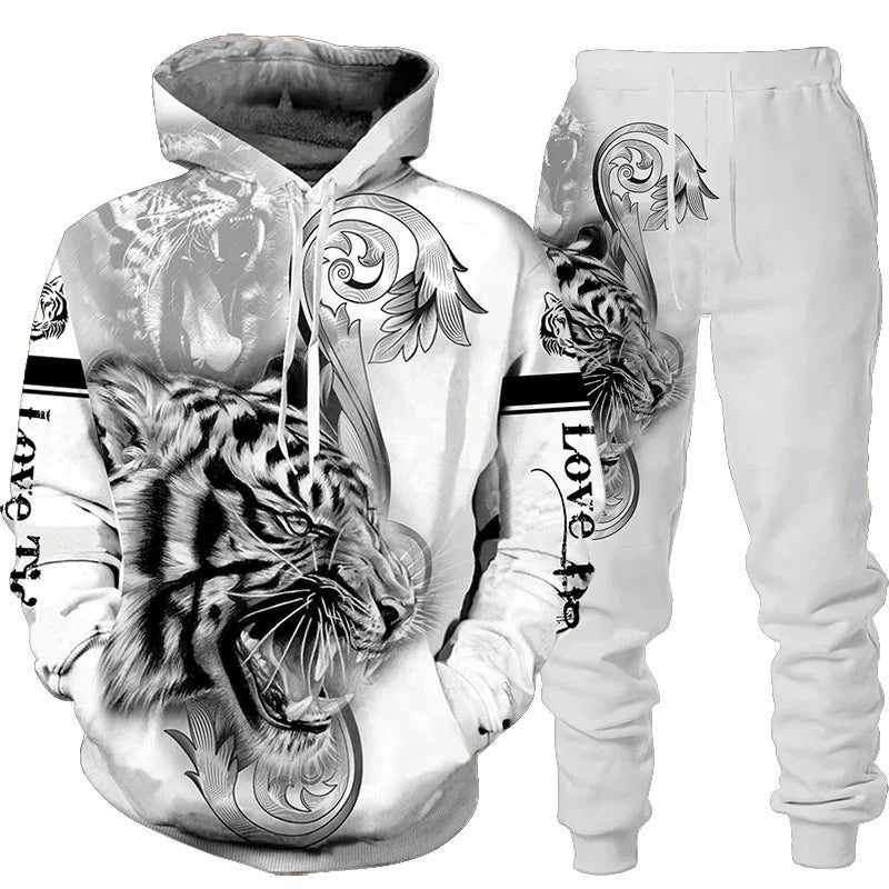 Novo Hooded Moletom e Calça 3D de Tigre Impresso Legal para Homens/Mulheres 2 Peças Conjunto de Roupas Esportivas Conjunto de Agasalho Outono e Inverno Roupas Masculinas