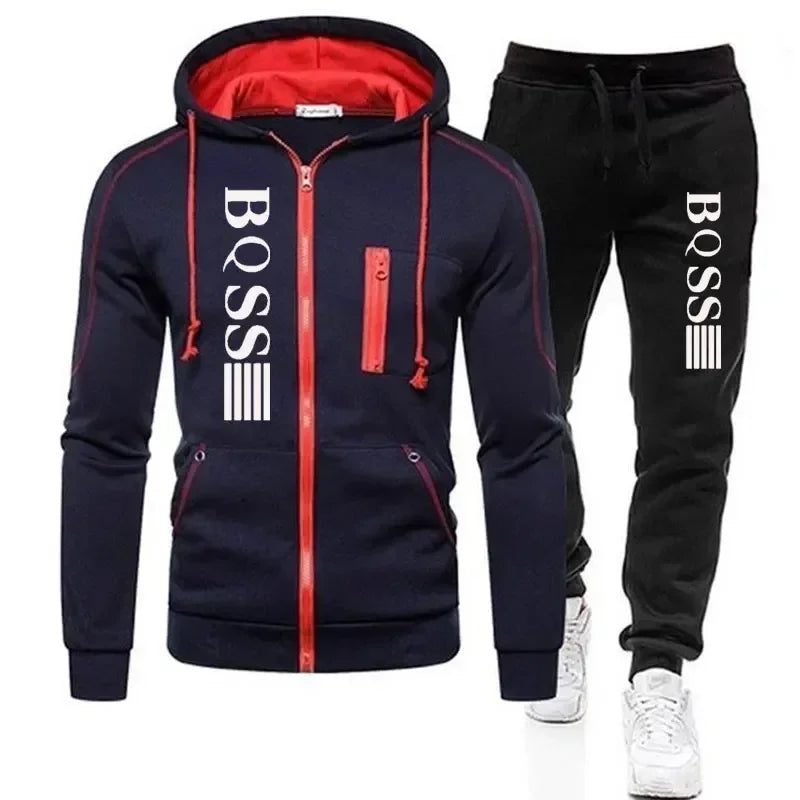 Conjunto Esportivo Masculino Outono Novo Casaco de Cardigan com Zíper + Calças de Moletom Listradas Corrida Fitness Basquete Jogging Conjunto de 2 Peças