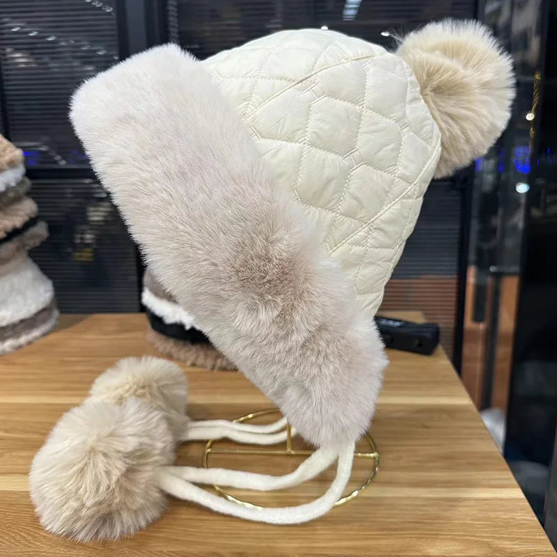 2025 new imitation rabbit fur warm winter hat for women cute thick white fluffy ball hat earmuffs slippers plush hat