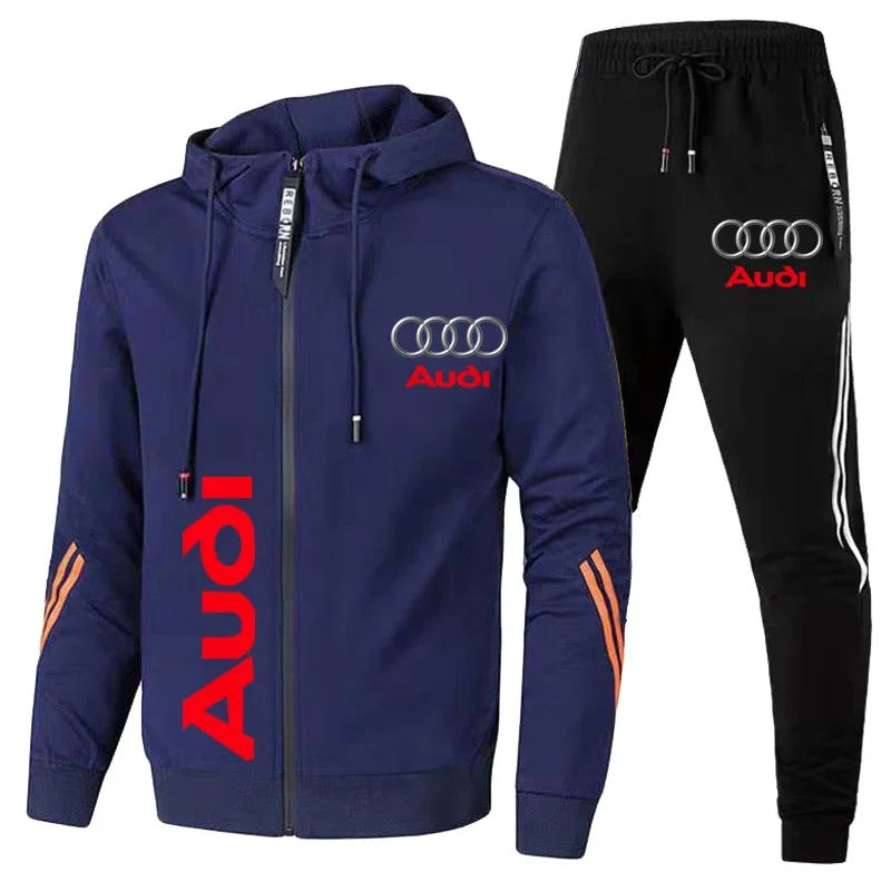 Conjunto de Moletom Masculino com Logo Audi Impresso Roupas Esportivas Casaco com Capuz Zíper + Calças 2 Peças Conjunto Casual de Fitness para Corrida Roupas Masculinas