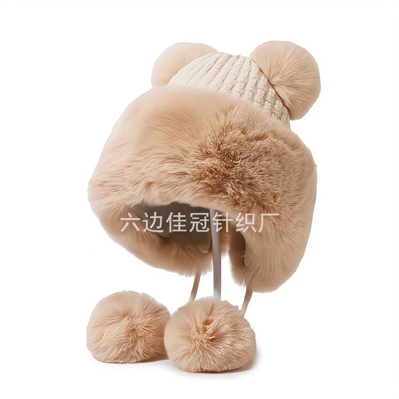 2025 new imitation rabbit fur warm winter hat for women cute thick white fluffy ball hat earmuffs slippers plush hat