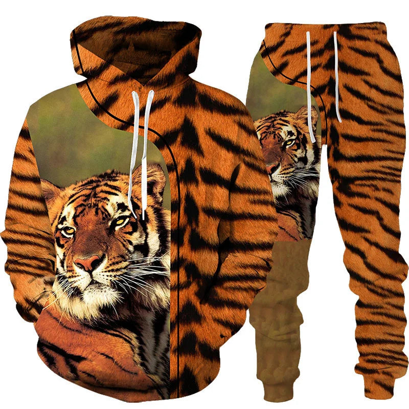 Novo Hooded Moletom e Calça 3D de Tigre Impresso Legal para Homens/Mulheres 2 Peças Conjunto de Roupas Esportivas Conjunto de Agasalho Outono e Inverno Roupas Masculinas