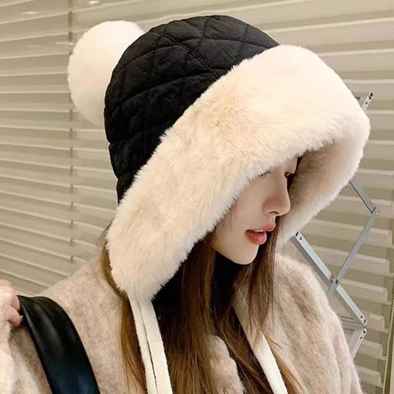 2025 new imitation rabbit fur warm winter hat for women cute thick white fluffy ball hat earmuffs slippers plush hat