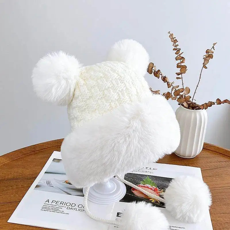 2025 new imitation rabbit fur warm winter hat for women cute thick white fluffy ball hat earmuffs slippers plush hat