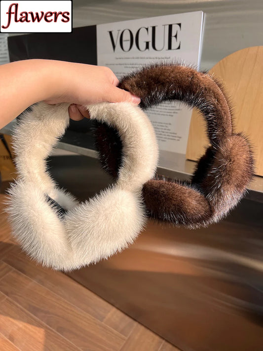 Winter Luxury Women Warm 100% Real Natural Mink Fur Earmuff Outdoor Fashion Mink Fur Earmuffs Girl Winter Ear Protection