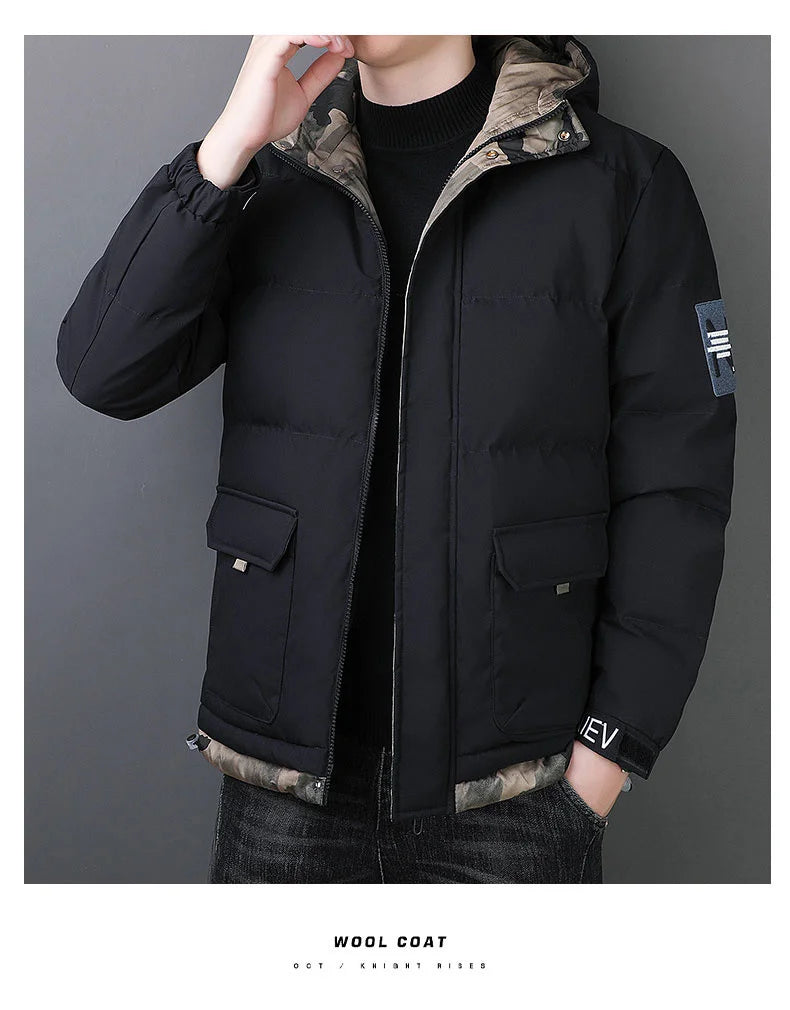 Novo Casaco de Algodão Forrado Moda Masculina Inverno Marca Capuz À Prova de Vento Down Algodão Casaco Quente Masculino Parka de Esqui Espessante Coreano