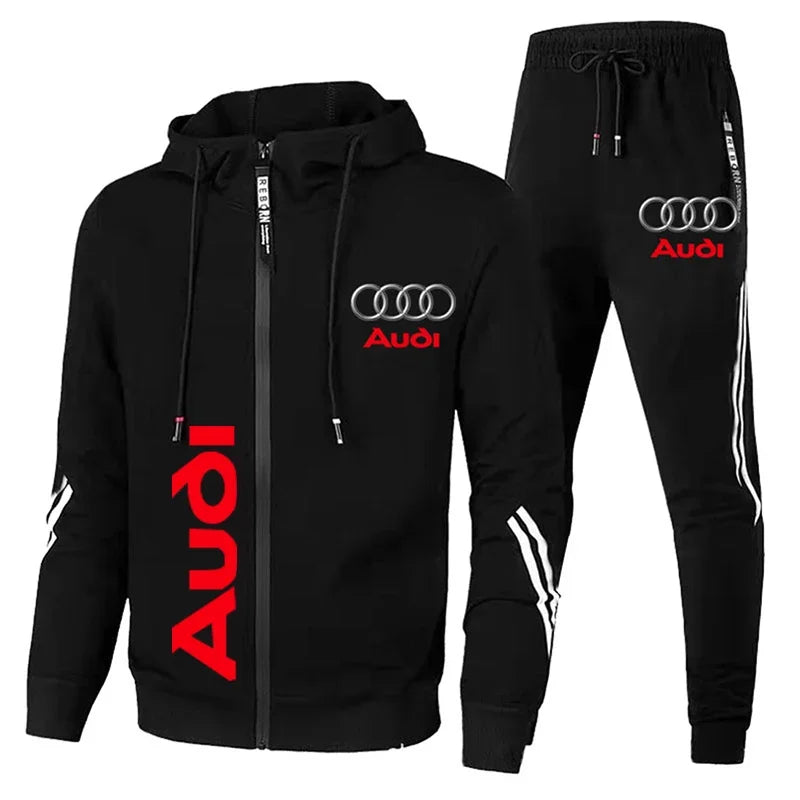 Conjunto de Moletom Masculino com Logo Audi Impresso Roupas Esportivas Casaco com Capuz Zíper + Calças 2 Peças Conjunto Casual de Fitness para Corrida Roupas Masculinas