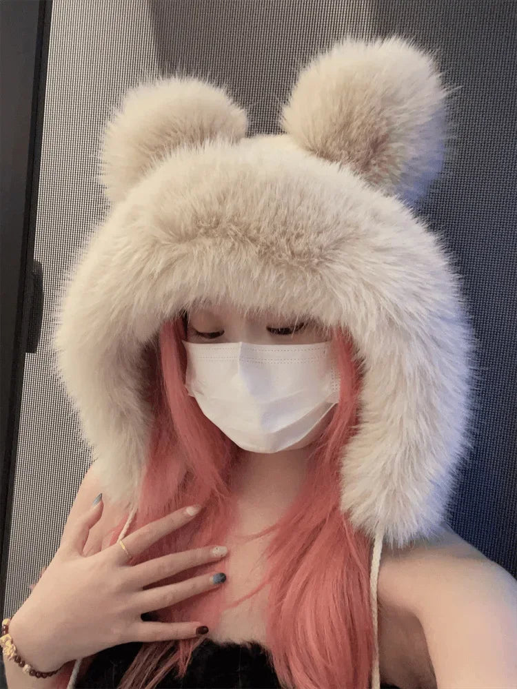 Chapéu de inverno feminino fofinho com orelhas de urso Kawaii, gorro de pele de raposa imitação de vison, pelúcia grossa, chapéu estilo japonês com proteção para as orelhas, boné para cosplay.