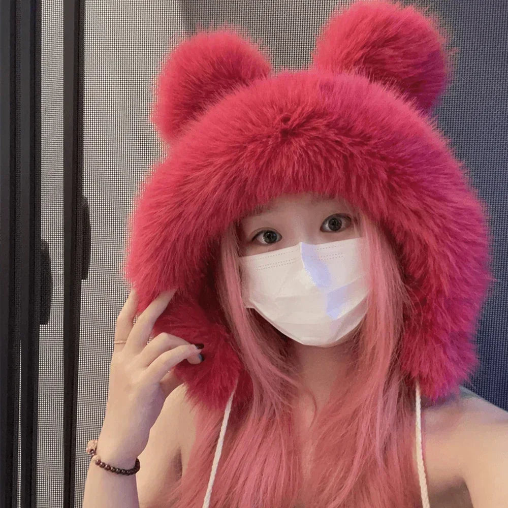 Chapéu de inverno feminino fofinho com orelhas de urso Kawaii, gorro de pele de raposa imitação de vison, pelúcia grossa, chapéu estilo japonês com proteção para as orelhas, boné para cosplay.