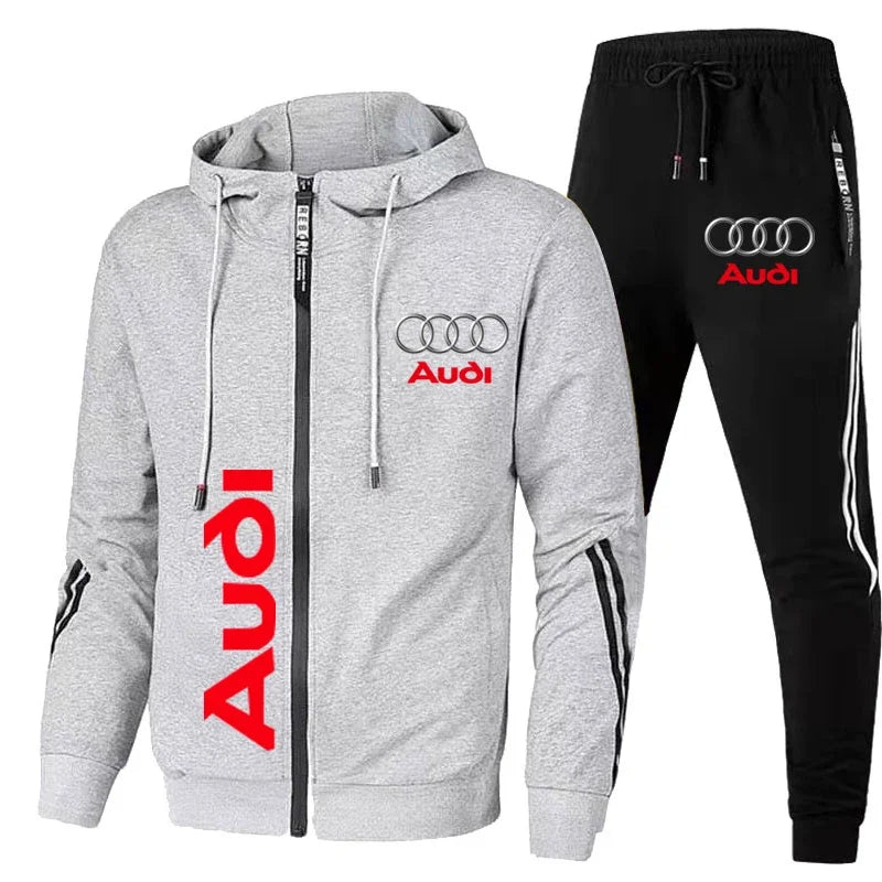 Conjunto de Moletom Masculino com Logo Audi Impresso Roupas Esportivas Casaco com Capuz Zíper + Calças 2 Peças Conjunto Casual de Fitness para Corrida Roupas Masculinas