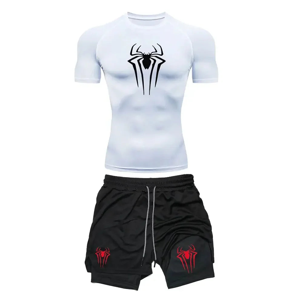 Men's Workout Compression Set Y2K Spider Printed Gym Tshirts Breathable Running Shorts Quick Dry Sports Rash Guard Sportwear Set