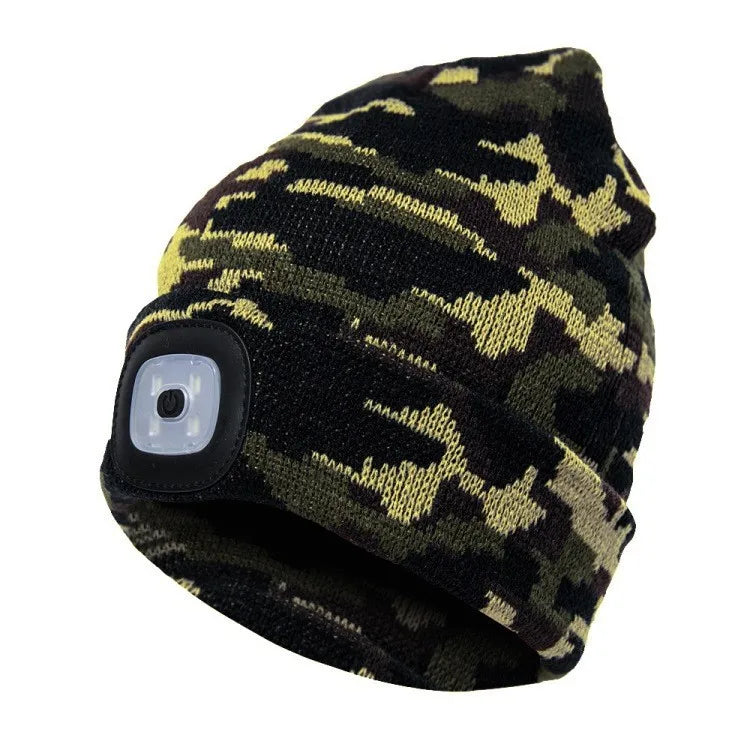 Gorro de Lã com LED Quente Beanie Elástico Outono Inverno Esportes ao Ar Livre Noite Caminhada Pesca Camping Gorro Brilhante Unissex Farol de Cabeça