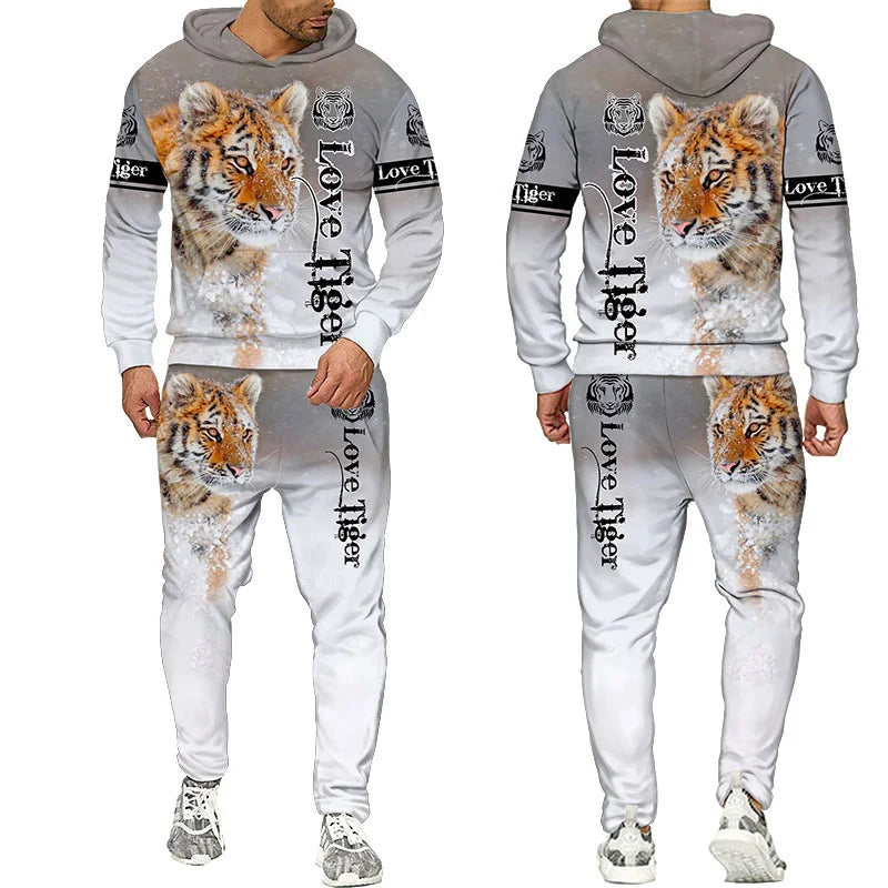 Novo Hooded Moletom e Calça 3D de Tigre Impresso Legal para Homens/Mulheres 2 Peças Conjunto de Roupas Esportivas Conjunto de Agasalho Outono e Inverno Roupas Masculinas