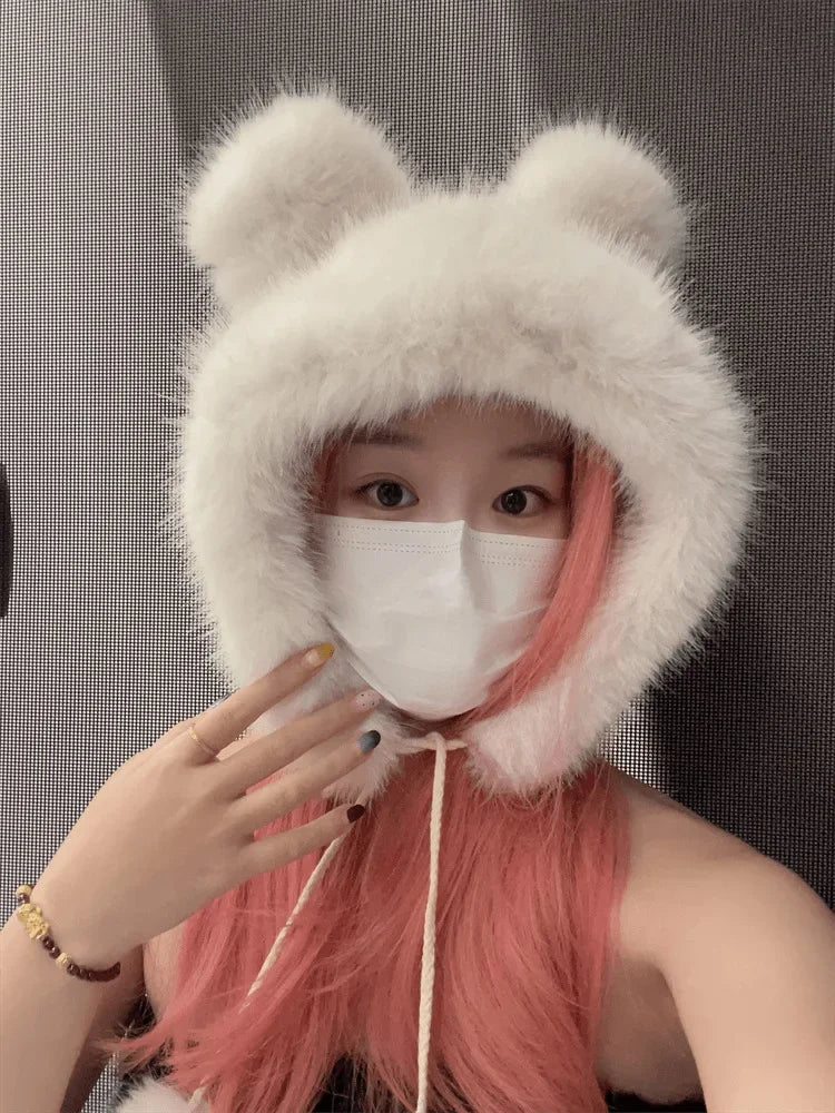 Chapéu de inverno feminino fofinho com orelhas de urso Kawaii, gorro de pele de raposa imitação de vison, pelúcia grossa, chapéu estilo japonês com proteção para as orelhas, boné para cosplay.