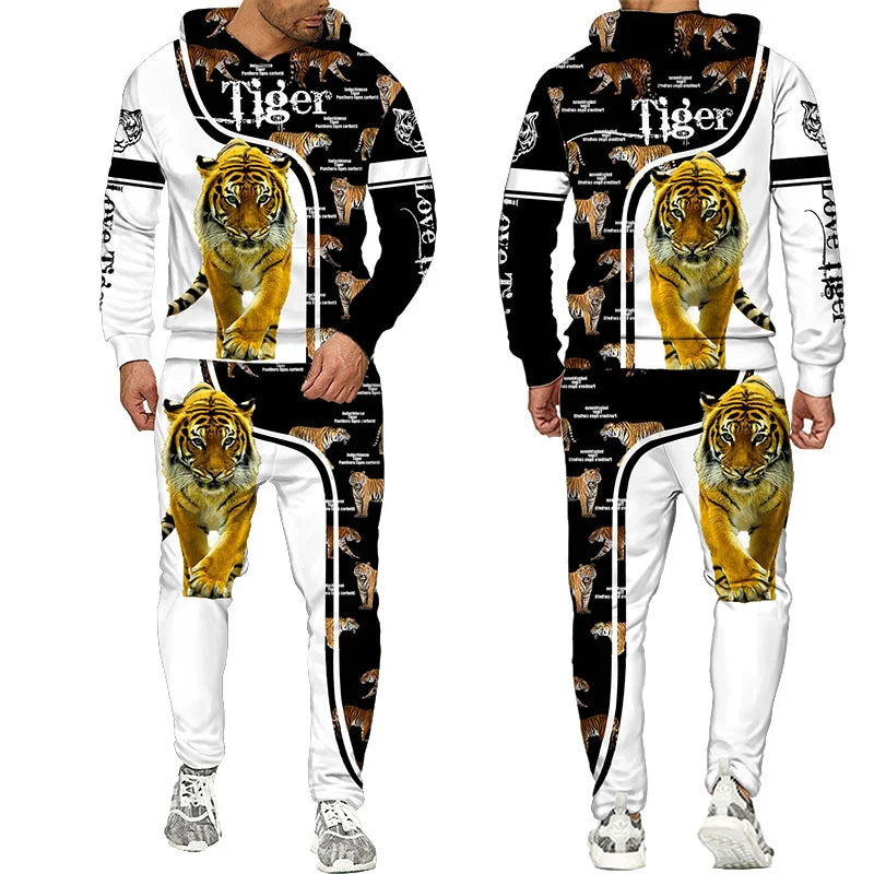 Novo Hooded Moletom e Calça 3D de Tigre Impresso Legal para Homens/Mulheres 2 Peças Conjunto de Roupas Esportivas Conjunto de Agasalho Outono e Inverno Roupas Masculinas