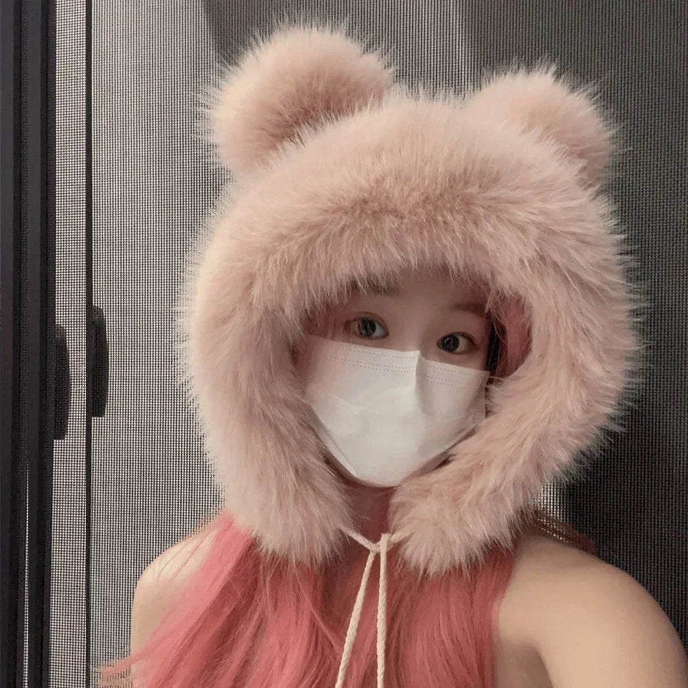 Chapéu de inverno feminino fofinho com orelhas de urso Kawaii, gorro de pele de raposa imitação de vison, pelúcia grossa, chapéu estilo japonês com proteção para as orelhas, boné para cosplay.