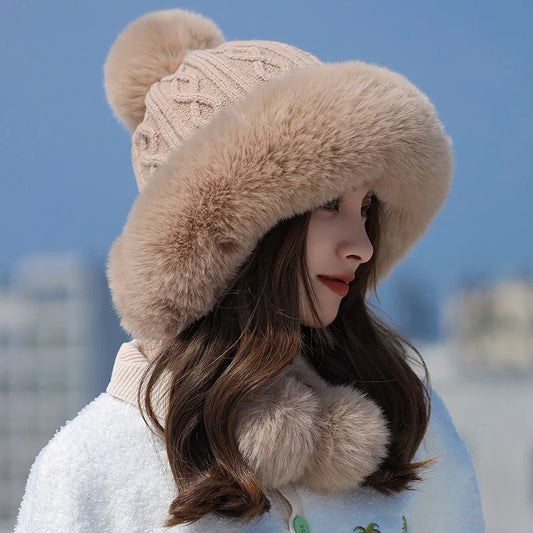 2025 new imitation rabbit fur warm winter hat for women cute thick white fluffy ball hat earmuffs slippers plush hat