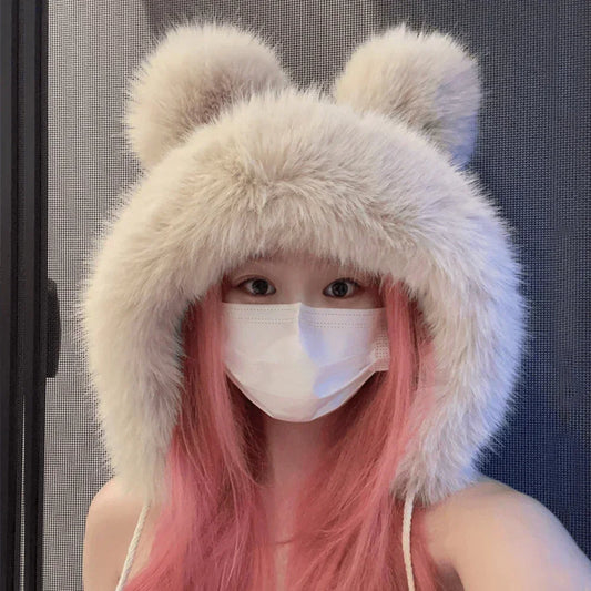 Chapéu de inverno feminino fofinho com orelhas de urso Kawaii, gorro de pele de raposa imitação de vison, pelúcia grossa, chapéu estilo japonês com proteção para as orelhas, boné para cosplay.